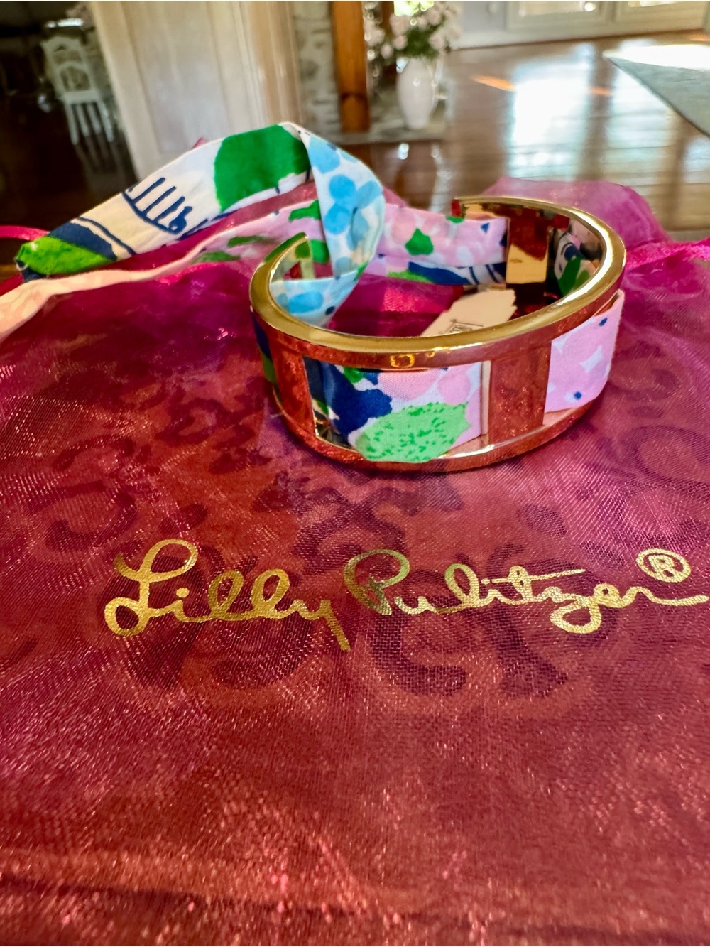 Lilly Pulitzer Gold Cuff Bracelet with Pink, Green & Blue Floral Silk